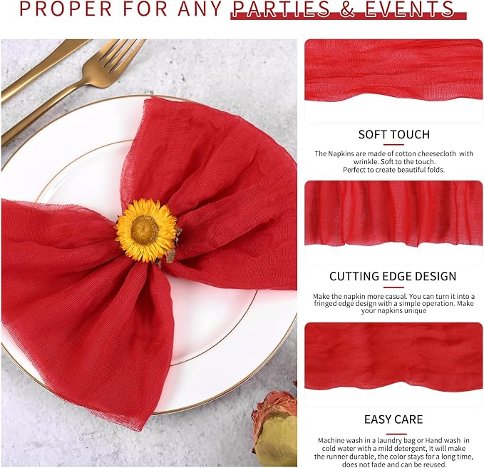100 Pieces Cloth Napkins Red Dinner Cheesecloth Napkins for Wedding,Wrinkled Cloth Napkins Bulk for Home Party Rustic Table Decoration, 17 x 17 Inch - Image 3