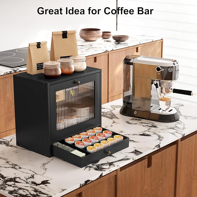 Alpeir Wooden Bread Box for Kitchen Countertop, Large Capacity with Ventilation Holes Adjustable Tiered-Shelf, Vintage Farmhouse Breadbox with Drawer & Window, Longer Freshness, Black - Image 4