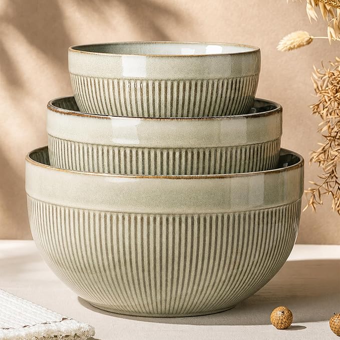 GBhome Ceramic Mixing Bowls Set of 3, Stoneware Nesting Serving Bowls, | 45/90/150 oz For Prep, Baking, Serving, Gift, Microwave and Dishwasher Safe, Ribbed Dishware Collection,Desert Sage by GBhome