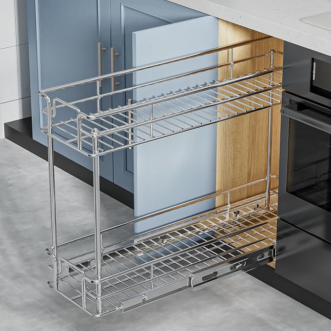 ROOMTEC Pull Out Spice Rack for Narrow Cabinet (8½" W X 21" D),2 Tier Slide Out Cabinet Organizer and Pull Out Shelves Under Cabinet Storage for Kitchen, Chrome - Image 4