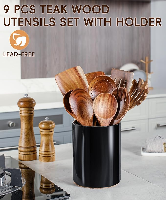 Wooden Cooking Utensils Set with Ceramic Holder,10pcs Teak Wood Utensils | Holder for Countertop with Protection Cork Bottom, Nonstick Spoons, Cooking Spatula Set, Kitchen Decor, (Black) - Image 2