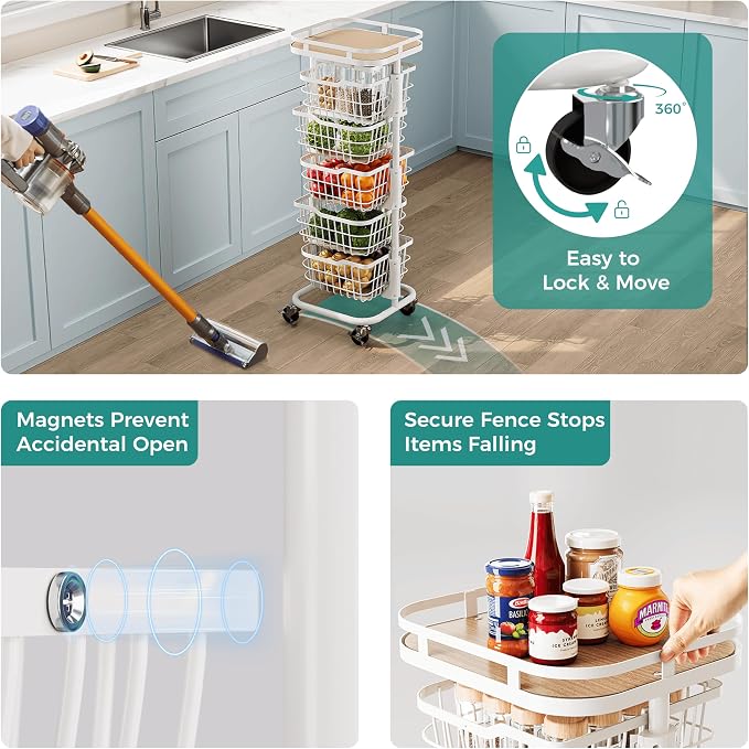 5 Tier Rotating Kitchen Storage Cart, Fruit Vegetable Potato Rack Stand | Patented Swivel Part Spin Smoothly Even Full. Rustproof. One-Piece Wire Bin Prevent Sagging. Keep Onion, Veggie, Spices Fresh - Image 5