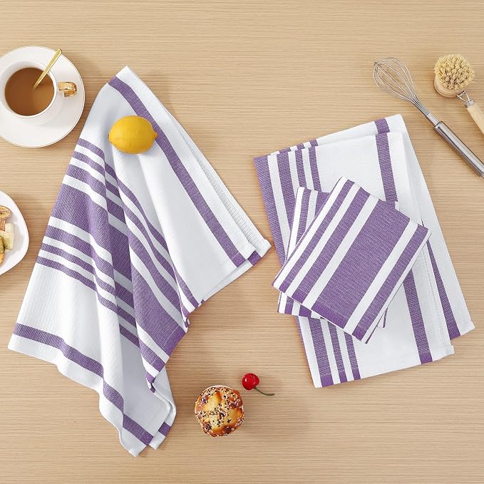 Homaxy Premium Cotton Stripe Kitchen Towels 8 Pack, 18"x 28", Purple | Large 380 GSM Kitchen Hand Towels, Soft Terry Dish Towels, Highly Absorbent Tea Towel Set with Hanging Loop - Image 6
