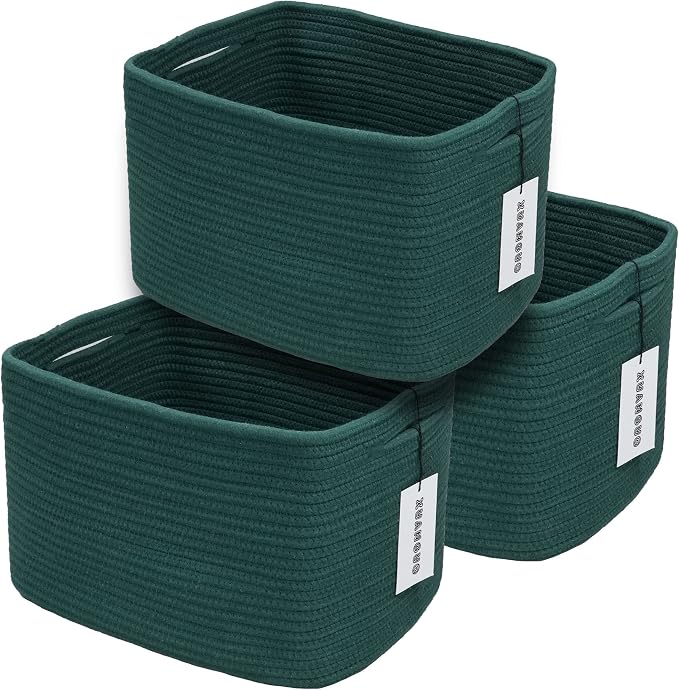 XUANGUO Woven Cotton Rope Storage Baskets 15x10x9.3" 3 Pack Dark Green | Decorative rectangular storage baskets for shelves and closets; storage bins organize clothes, toys, books and nursery items. by XUANGUO