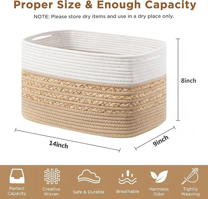 UBBCARE 2 Pack Baskets for Organizing, Woven Storage Baskets for Toys and Towel, Rectangle Cotton Rope Basket with Handles, 14''L x 8''W x9''H, Brown - Image 2