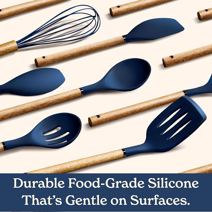 Country Kitchen Non Stick Silicone Utensil Set with Rounded Wood Handles for Cooking and Baking, 8 Piece Set, Navy - Image 4