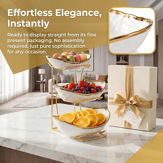 3 Tier White Ceramic Fruit Bowl with Gold Metal Stand, Modern Tiered Fruit Basket Rack for Kitchen Countertop, Large Storage Organizer for Fruit Vegetable Snacks Bread - Image 7