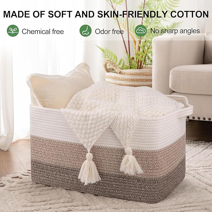 OIAHOMY Rectangle Woven Storage Basket - Nursery Cotton Rope Baskets for Storage, Toy Basket Organizing for Living Room, 17.7"x13.8"x11"- Pack of 3 - Gradient Yellow - Image 2