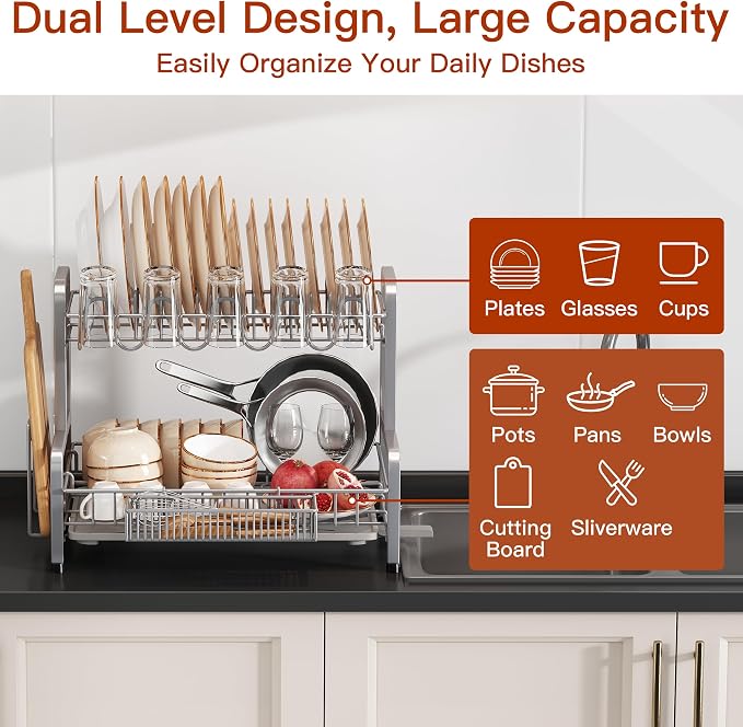 2 Tier Large Stainless Steel Dish Drying Rack for Kitchen Counter | Big Dish Drainer with Drainboard, Cup & Utensil Holder, Space Saving Rustproof Countertop Metal Plate Dryer Rack, Fast Drain - Image 3