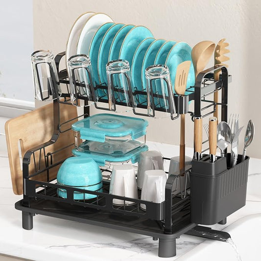 2 Tier Dish Drying Racks for Kitchen Counter with Utensil Holder | Large Stainless Steel Dish Drain, Space Saving, Big Modern Silver Countertop Metal Plates Dryer Strainer and Extra Tray by Boosiny