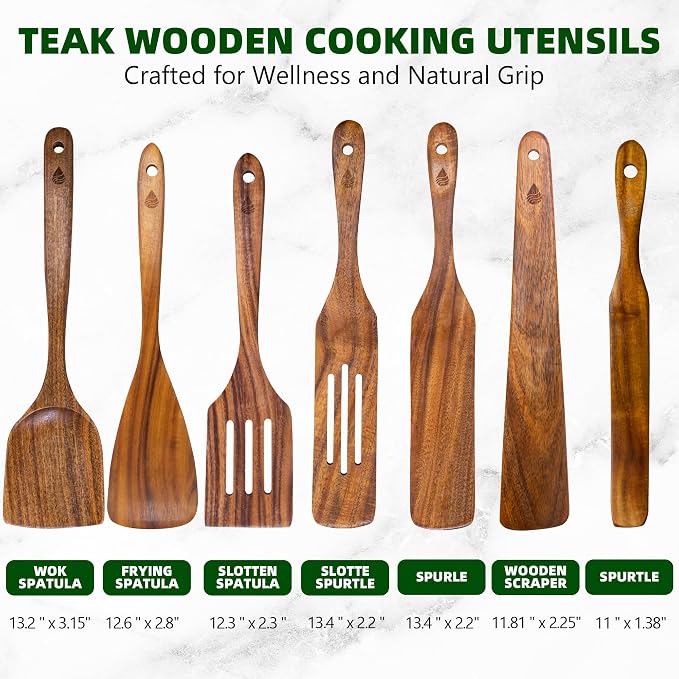 7 Pcs Teak Wooden Utensil Set, Wooden Spoons for Cooking | Non-Toxic & Nonstick Safe Kitchen Utensil, Durable Comfort Grip， Heat Resistant Wood Spatula Set - Image 2