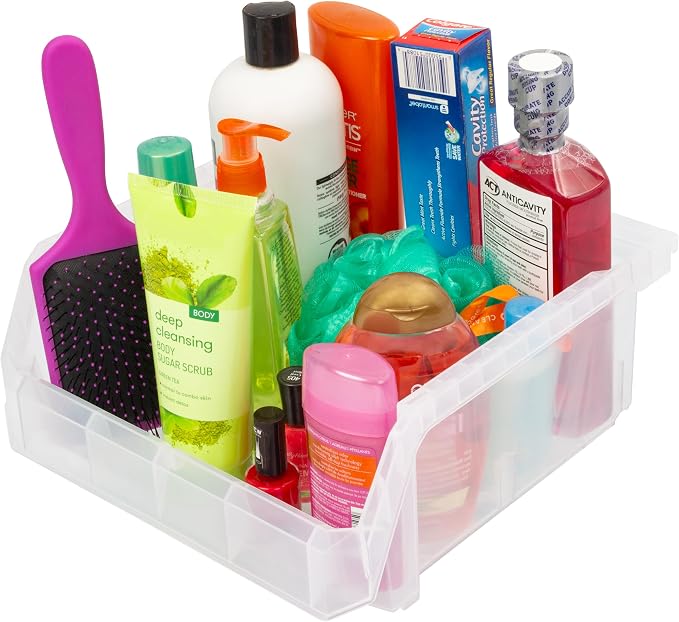 Medium-Wide Stackable Plastic Storage Bins, 4-Pack, Clear | Open-Front Stackable Bins For Garage, Pantry, Closet & Office, 11"L X 11"W X 5"H, Nests When Empty, Durable Plastic, - Image 4