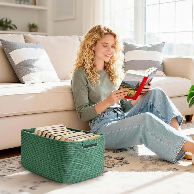 4 Pack Large Storage Basket for Organizing, 17.5"x13"x7" Woven Basket for Shelves, Closet Cube Storage Bins with Wrapped Handle, Cotton Rope Baskets for Kitchen, Clothes, Toys(Green) - Image 5