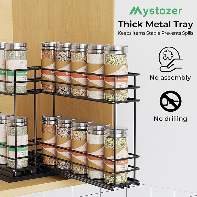 Mystozer Pull Out Spice Rack Organizer for Cabinet, Slide Out Spice Racks, Easy to Install Spice Cabinet Organizers, 5.28" Wx10.43 Dx8.26 H, 2 Drawers 2 Tiers(Black) - Image 7