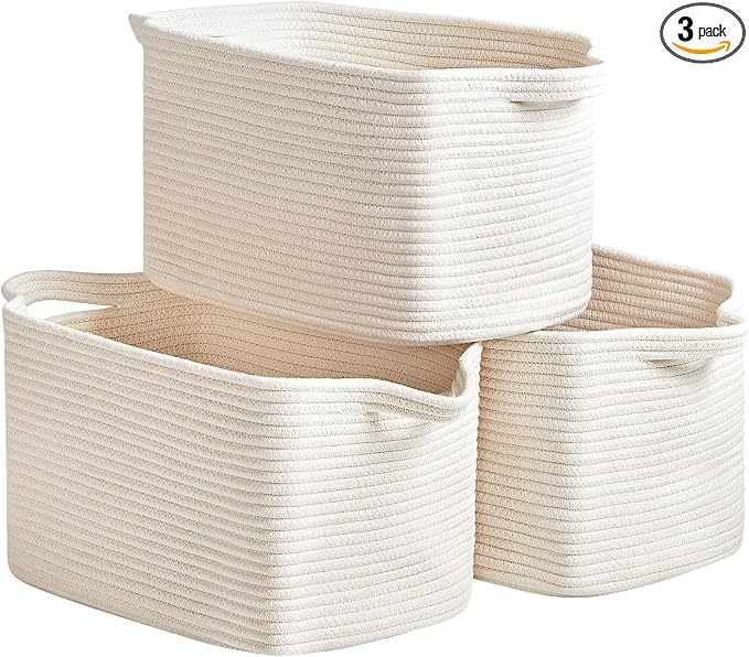 R RUNKA Cotton Rope Basket Set of 3 (15"x10.2"x9.1") - Rectangle Storage Bins - Versatile Toy Storage Organizer - Perfect for Kids, Dog Toys, Books, Shelves - White by RRUNKA