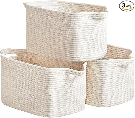 R RUNKA Cotton Rope Basket Set of 3 (15"x10.2"x9.1") - Rectangle Storage Bins - Versatile Toy Storage Organizer - Perfect for Kids, Dog Toys, Books, Shelves - White by RRUNKA