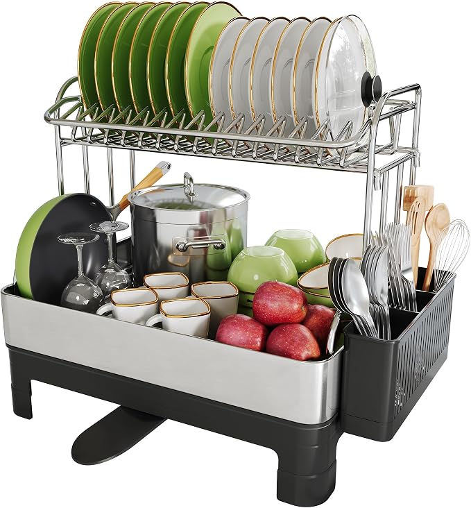 2 Tier Large Stainless Steel Dish Drying Rack with Drain Board | Space Saving, Rust Proof Metal, Automatic Drainage Drainer for Kitchen Counter, Modern Black and Silver for Pots and Pans by Boosiny