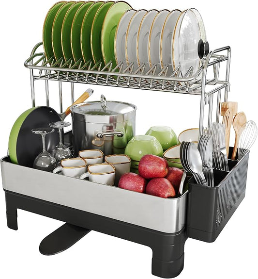 2 Tier Large Stainless Steel Dish Drying Rack with Drain Board | Space Saving, Rust Proof Metal, Automatic Drainage Drainer for Kitchen Counter, Modern Black and Silver for Pots and Pans by Boosiny