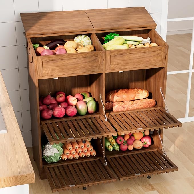 Potato Storage Bins, Fruit and Vegetable Storage, Kitchen Pantry Cabinet | Tall Large Potato and Onion Storage Bin, with 4 Doors, 3 Tier, Mid Century Modern, Wooden, Magnetic Flip top, Walnut - Image 6