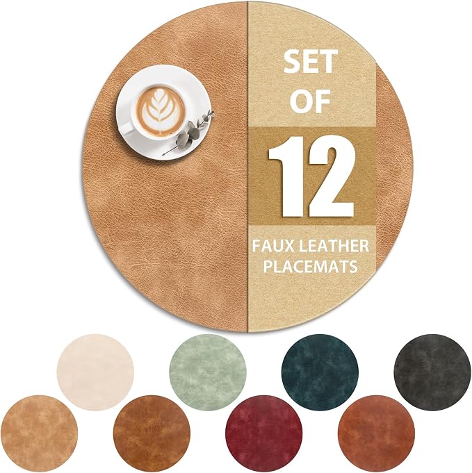 ADRIMER Placemats, Heat Resistant Round Placemats Set of 12 Washable, Waterproof Table Mats, Wipeable Faux Leather Place Mats for Kitchen, Dining Room, Camel by Adrimersdreamistobeanindispensablecompanioninyourlife