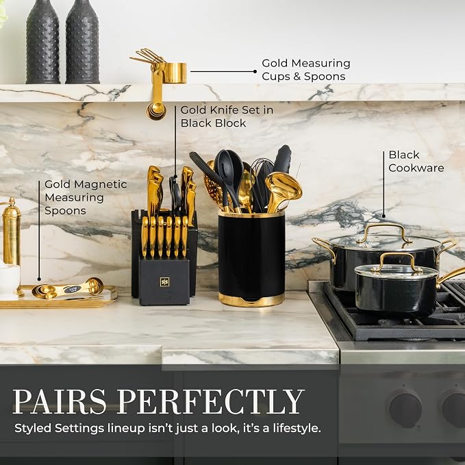 Styled Settings Black and Gold Cooking Utensils Set, 13-Piece | Kitchen Set with Black Ceramic Utensil Holder and Stackable Gold Spoon Rest - Luxury Kitchen Accessories for Stylish Cooking - Image 9