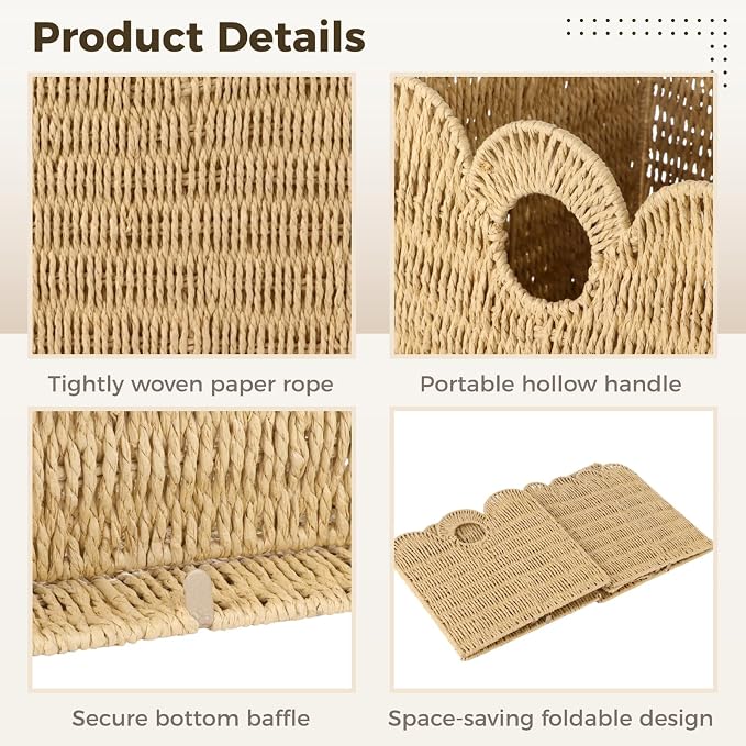 4 Pcs 12x12 Scalloped Wicker Storage Cubes - Woven Paper Rope Storage Baskets, Foldable Square Bins with Handles, Collapsible Containers for Shelves, Closets, 11.8×11.8×11.8" - Image 4