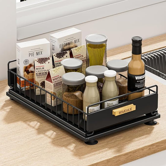 Under Sink Organizer, Single Tier Metal Pull Out Sliding Drawer Shelf for Kitchen Bathroom Cabinet Storage, Sturdy Rack – Black by HOMEAILIE