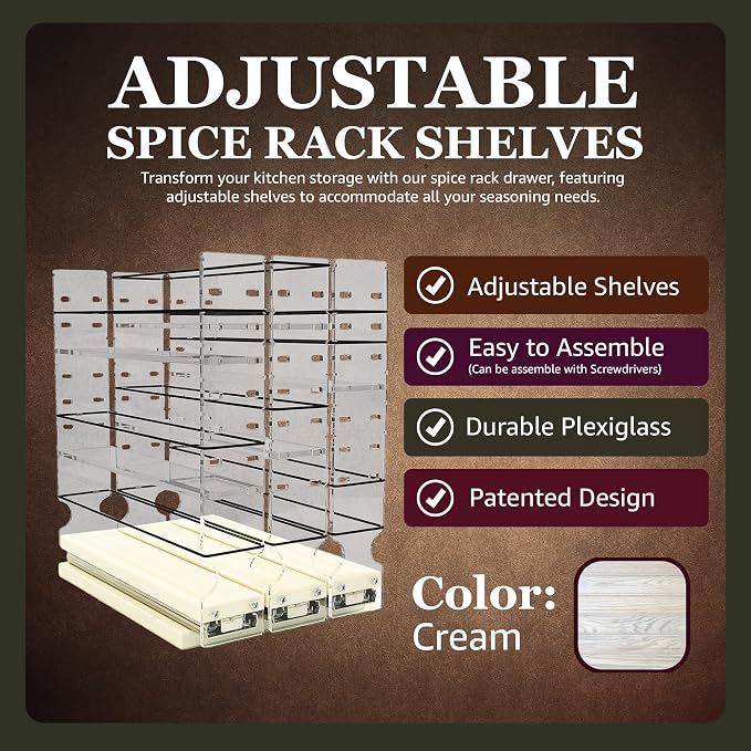Adjustable Spice Rack Drawer - Pull Out Cabinet Organizer - Kitchen and Pantry Organizers and Storage - Spice Caddy - 3 Drawers, 5 Upper Tier (6.9" W x 11.25" H x 10.6", Cream) - Image 2