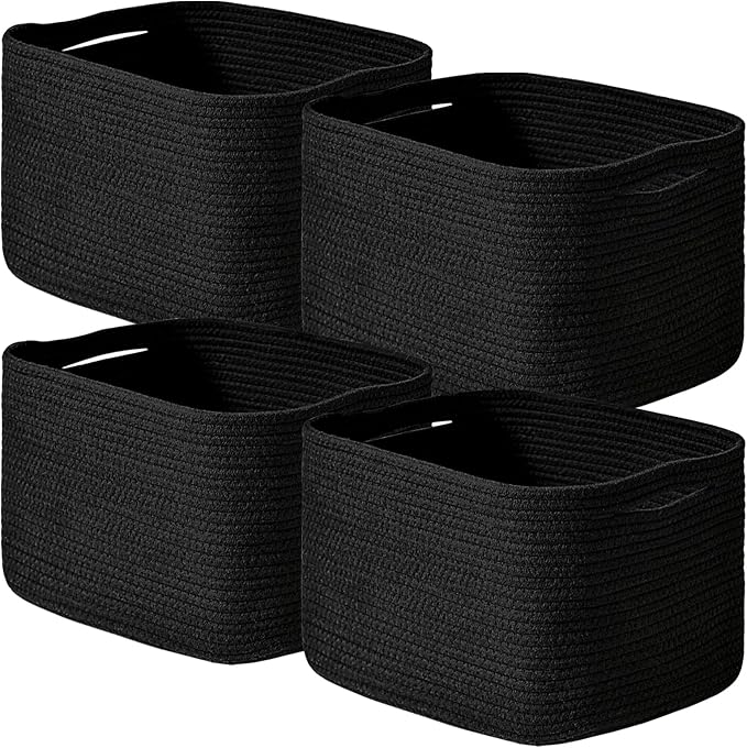 ICERZCZ Black Storage Baskets for Shelves, Small Storage Baskets for Organizing, Woven Cotton Rope Baskets for Storage, Book Basket, Decorative Shelf Basket, 12.5"Lx9.1''Wx7.9''H (4 Packs) Black by ICERZCZ