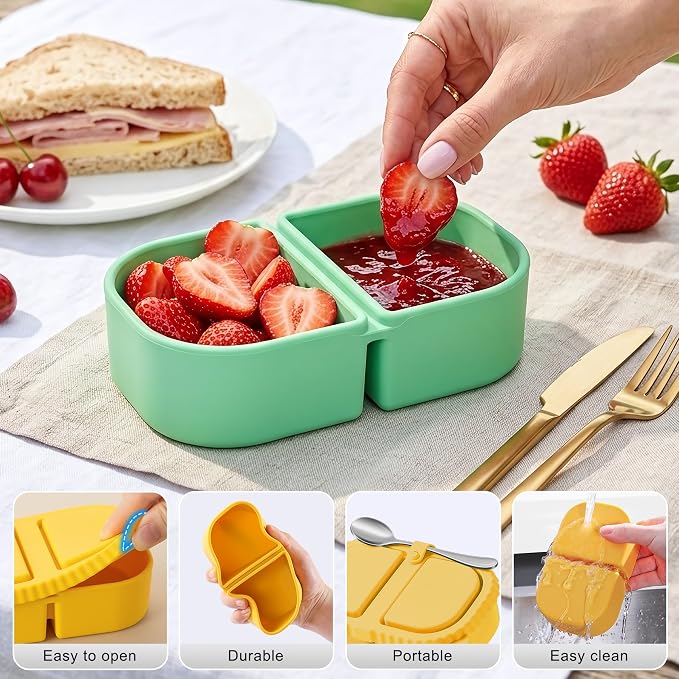 6 Pack Reusable Silicone Snack Containers with Lids, 2 Compartment Bento Snack Boxes, Leakproof Portion Control Food Containers for Fruits, Nuts, School, Office & Travel, Dishwasher Safe - Image 2