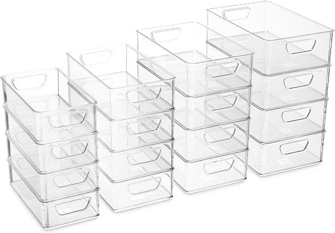 Set Of 16 Refrigerator Organizer Bins - Plastic Pantry Organization and Storage Baskets - Stackable Food Fridge Organizers with Cutout Handles for Freezer, Kitchen, Countertops, Cabinets - Image 3