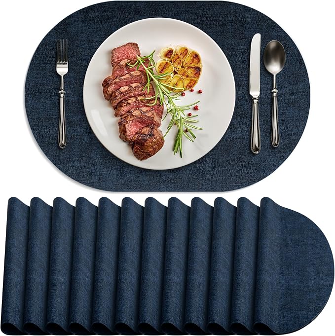 Placemats Set of 12-17" x 11.8" Waterproof & Heat Resistant Oval Place Mats, Wipeable Washable Double Layer Faux Leather Table Mats, Dark Blue by Delicateandelegantplacemats