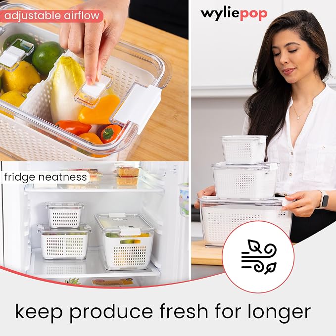 Premium Fruit Storage Containers for Fridge with Veggie Peeler – 3-in-1 Produce Containers for Fridge with Strainer & Removable Colander – Large, Clear Fruit and Vegetable Storage Organizer (Set of 3) - Image 7