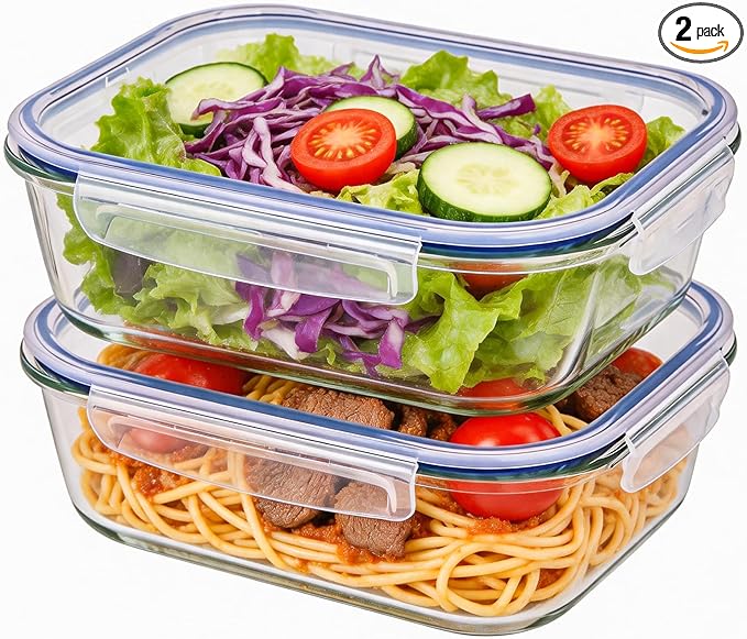 Liuruiyu 2 Pack 2260ml/76.4oz Glass Food Storage Containers with Lids, Meal Prep Containers, Airtight Bento Boxes with Leak Proof Locking for Microwave, Oven, Freezer and Dishwasher, BPA Free by Liuruiyu