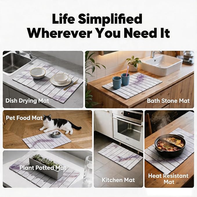 Stone Drying Mat for Kitchen Counter, Quick Diatomaceous Earth Mats for Dishes, 24"L x 16" W Super Absorbent Fast-Drying Collapsible Countertop Stone Mat (Marble White-06, 24" x 16") - Image 7