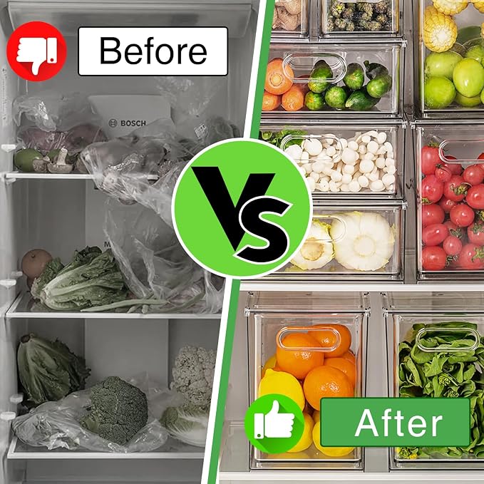 Extra Large Refrigerator Organizer Bins with Pull-out Drawer, Stackable Clear Bins with 3 Dividers, Pantry Organization and Food Storage - Image 4