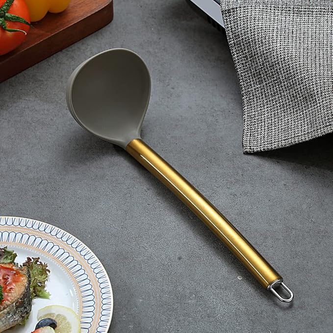 Gold Ladle, Berglander Non-stick Silicone Kitchen Ladle With Titainium Gold Plating handle, Soup Ladle, Cooking Ladle Soup Spoon For Cooking, Dishwasher Safe, Easy to Clean - Image 2