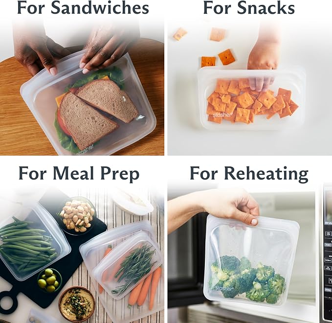 Stasher Premium Reusable Silicone Food Storage Bags, 4-Pack, Clear | Food-Safe Silicone, Eco-Friendly, Reusable Freezer Bags, Microwave, Dishwasher, Snack Bags, Lunch Containers, Meal Prep - Image 2