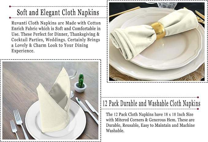 Ruvanti Cloth Napkins Set of 12, 18x18 Inches Napkins Cloth Washable, Soft, Durable, Absorbent, Cotton Blend. Table Dinner Napkins Cloth for Hotel, Lunch, Restaurants, Wedding Parties - Ivory/Cream - Image 7