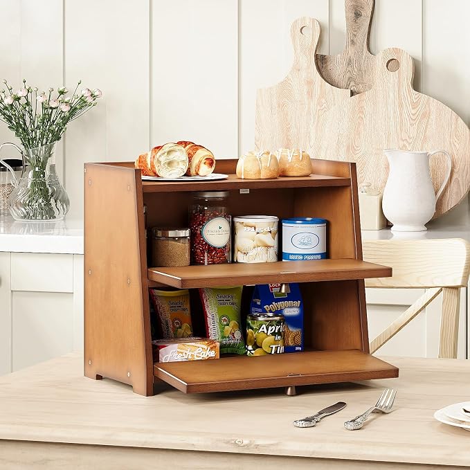Trironsun Vintage Double Layer Bread Box for Kitchen Counter Bamboo Bread Storage Container Large Capacity Bread Storage Bin - Image 3