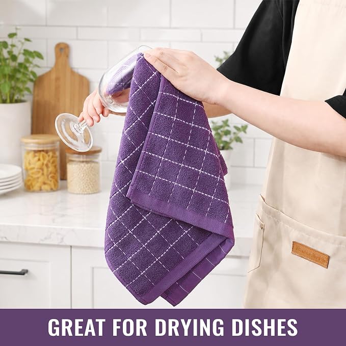 Kitinjoy 100% Cotton Terry Kitchen Towels, 13”x 28”, 8-Pack, Purple | Checkered Designed, Ultra Soft Absorbent Quick Drying Dish Towels - Image 6