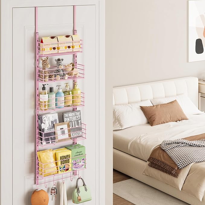 SWTYMIKI Over The Door Organizer - Door Organizer Hanging with 5 Adjustable Metal Large Capacity Basket and 6 Coat Hook, Wall Mounted Shelf for Bedroom Closet Bathroom Laundry Pantry Cabinet Kitchen - Image 2
