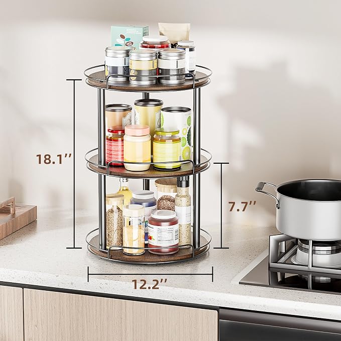 LAMU 12'' Wood Lazy Susan Turntable Organizer for Cabinet, 3 Tier Lazy Susan Spice Rack Organizer for Kitchen, Wood Turntable for Table Top, Countertop, Pantry, Bathroom - Image 3