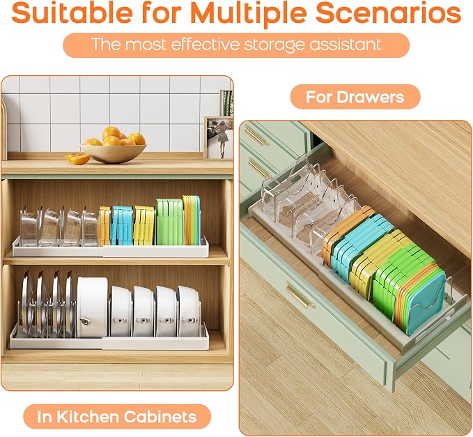 Nigelia Pots and Pans Organizer for Under Cabinet 22" Expandable Food Storage Container Lid Organizer with 10 Adjustable Dividers Pot and Pan Lid Holders Rack Inside Cabinet & Kitchen Countertop White - Image 2