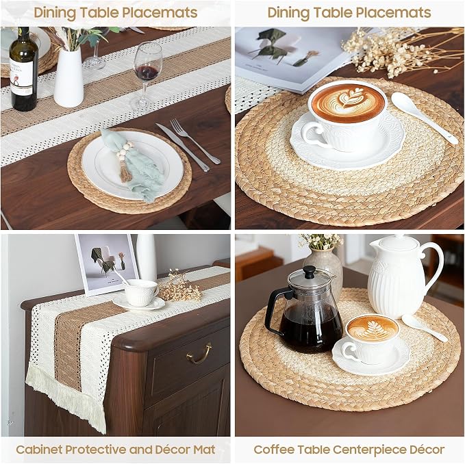 Placemats Set of 4,Natural Round Placemats with Table Runner & Napkin Rings | Made of Cotton Burlap and Corn Husk,Protective,Heat-Resistant,Non-Slip Boho Table Mats Fall Placemats for Dining Table Décor - Image 4