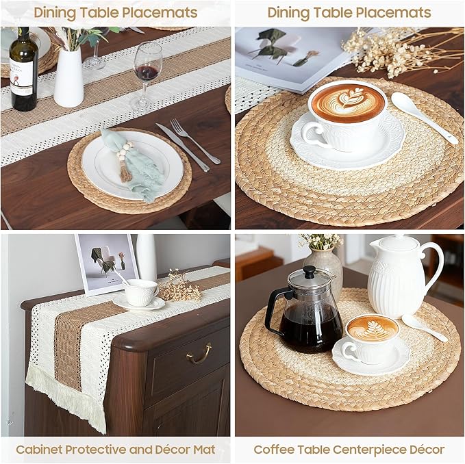Placemats Set of 6,Natural Round Placemats with Table Runner & Napkin Rings | Made of Cotton Burlap and Corn Husk,Protective,Heat-Resistant,Non-Slip Boho Table Mats Fall Placemats for Dining Table Décor - Image 3