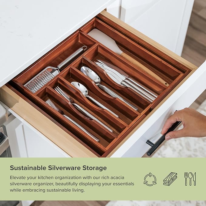 Silverware & Utensil Drawer Organizer, 14.5-25 in, Acacia | Cutlery, flatware, food-safe contract grade, kitchen drawer fit - Image 5
