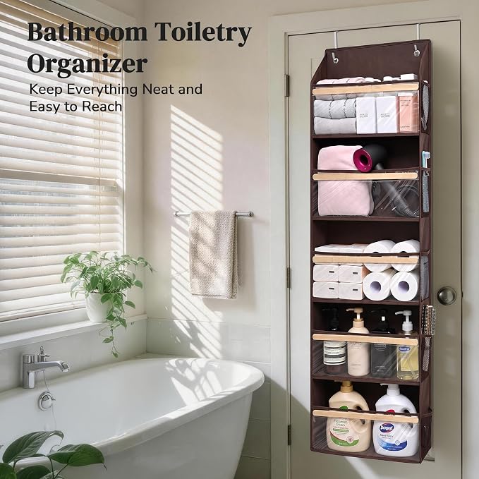 5 Tiers Natural Bamboo Over Door Organizer with 10 Mesh Side Pockets, 50 lbs Weight Capacity Hanging Storage Organizer with Clear Window Kids Toys, Shoes, Diapers, Dark Brown - Image 5