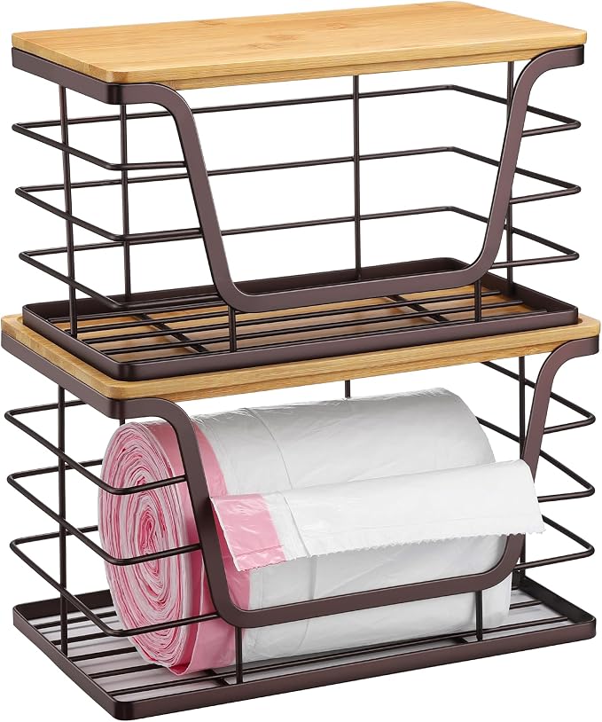 ALOCEO 2 Pack Stackable Wire Storage Basket with Bamboo Lid, Trash Bag Dispenser Under Sink for 4-13 Gal Bags, Kitchen Storage Bins for Potato and Onion, Brown - Image 4