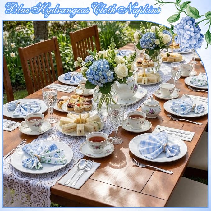 24 Pcs Floral Cloth Napkins 6 Patterns Washable Dinner Tea Party Napkins Reusable Plant Flowers Square Napkin Cotton Towel Decorative for Summer Wildflower Party(Blue Hydrangea) - Image 4